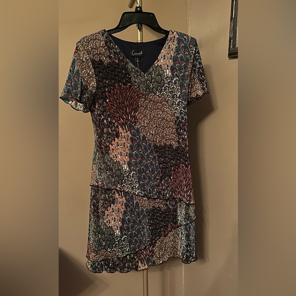 Connected Apparel Dark Peacock Pattern V-Neck Dress — Navy, Red, Olive